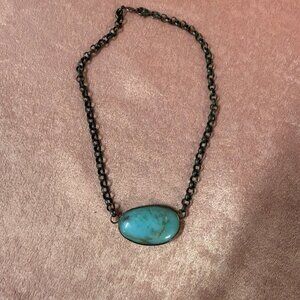 Vintage Turquoise Pendant Necklace With Antique Brass Chain